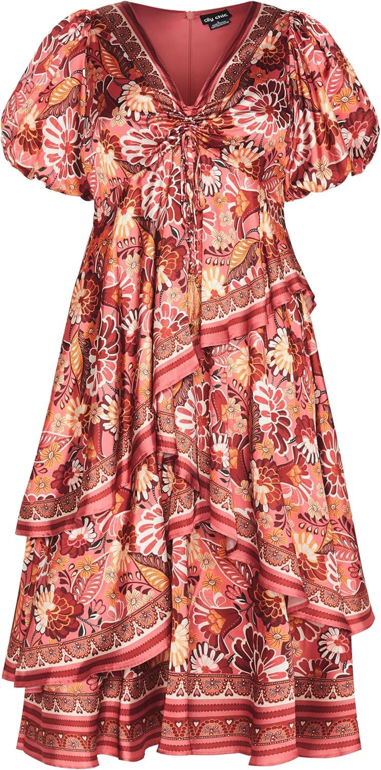 image:imageCity Chic Womens Plus Size Dress Thea Puff SleeveRose Print