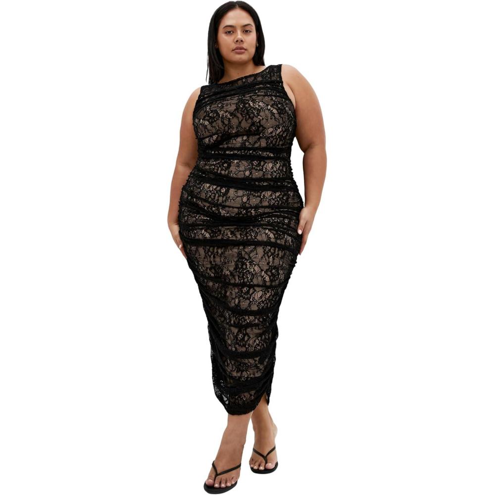 image:imageCity Chic Womens Plus Size Dress  Halo Ruched Lace MidiBlack