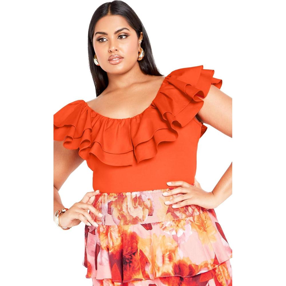 image:imageCITY CHIC Plus Size Bodysuit Frill Shoulder BodysuitTangerine Tango