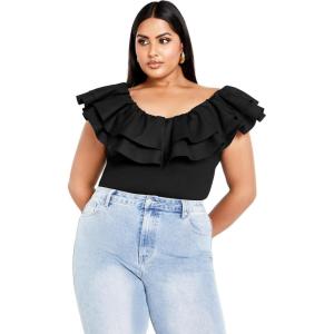 CITY CHIC Plus Size Bodysuit, Frill Shoulder Bodysuit(Black)