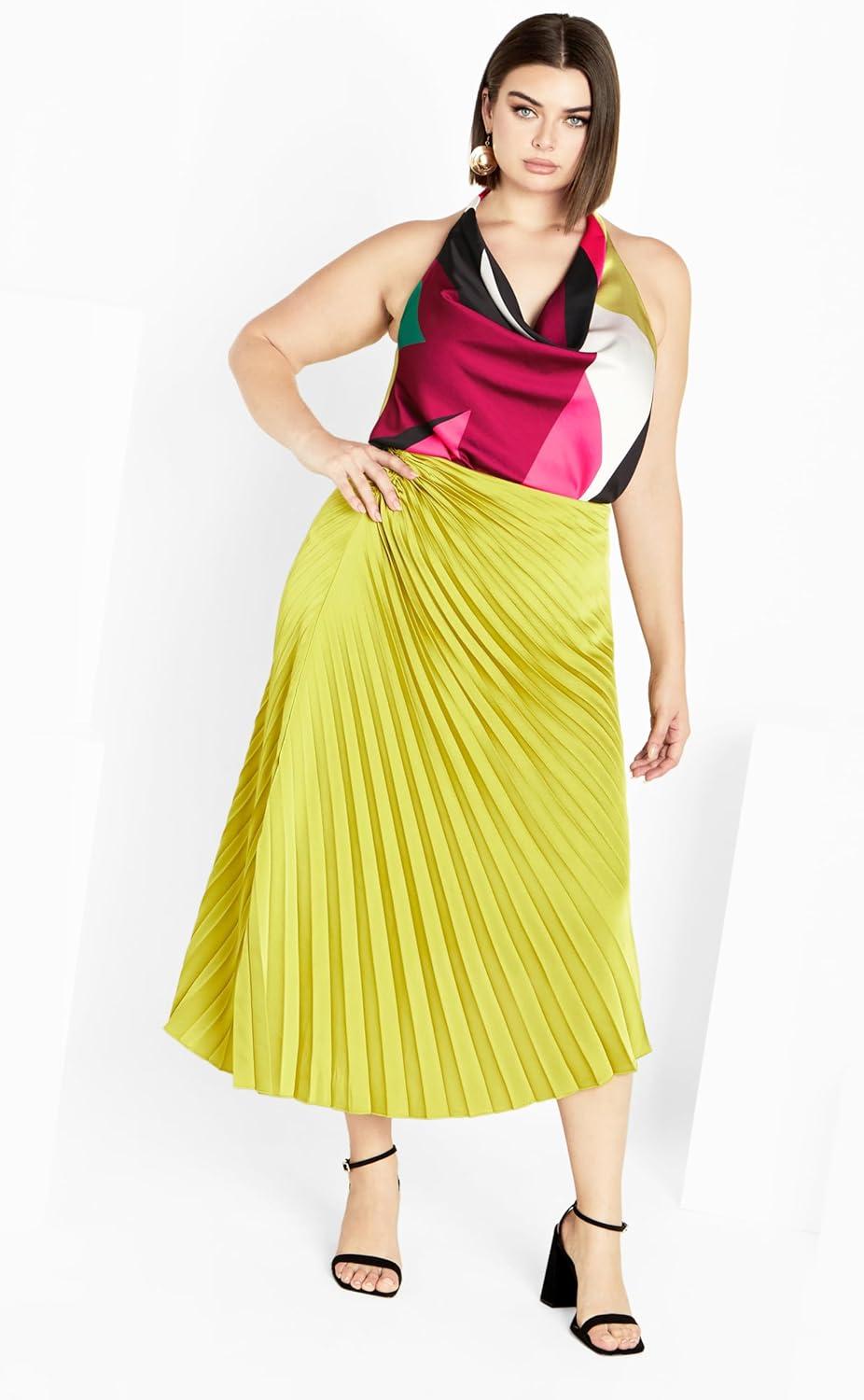 image:imageCity Chic Womens Plus Size Skirt Amaya Asymmetrical Harmonica PleatChartreuse