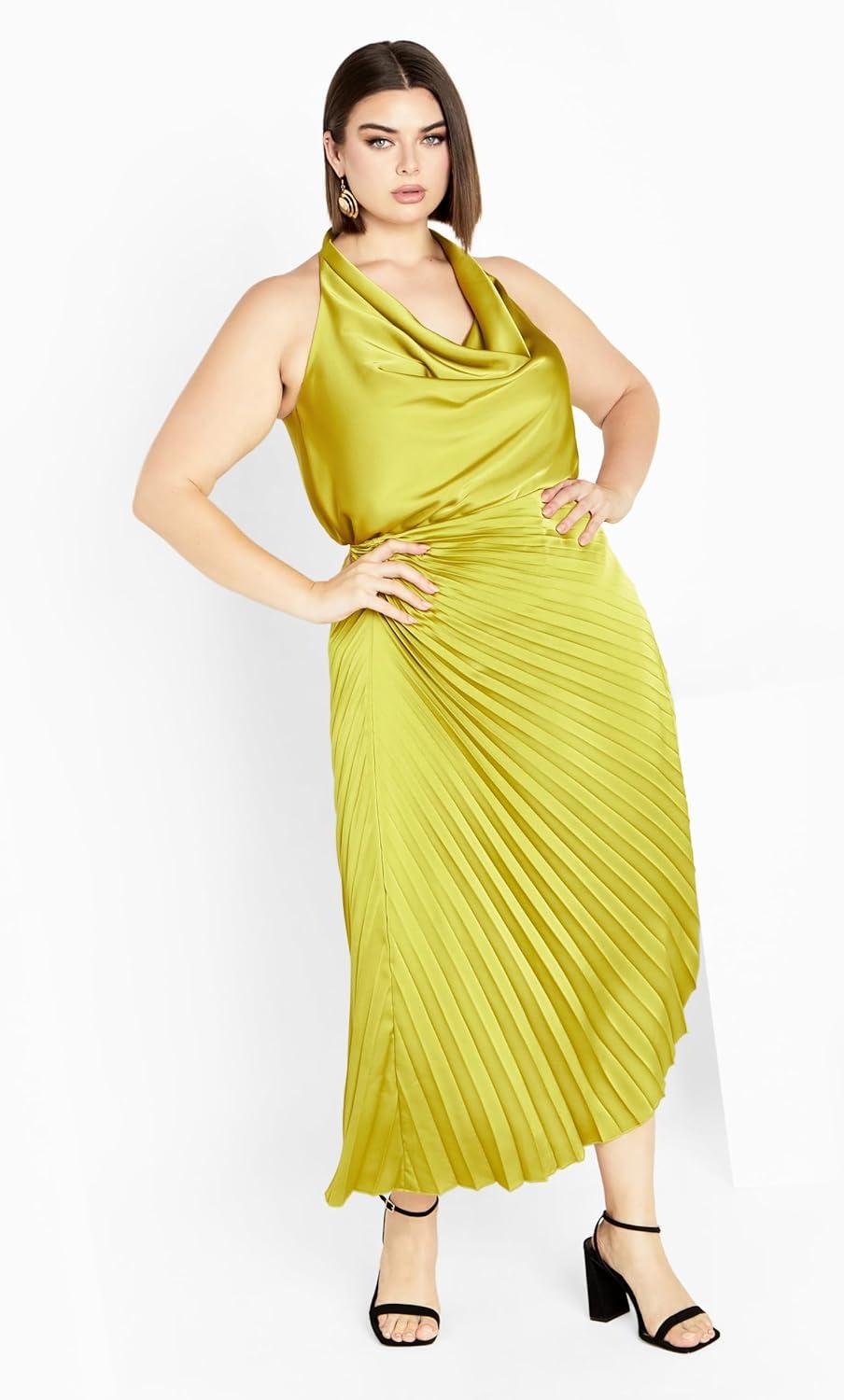 image:imageCity Chic Womens Plus Size Skirt Amaya Asymmetrical Harmonica PleatChartreuse