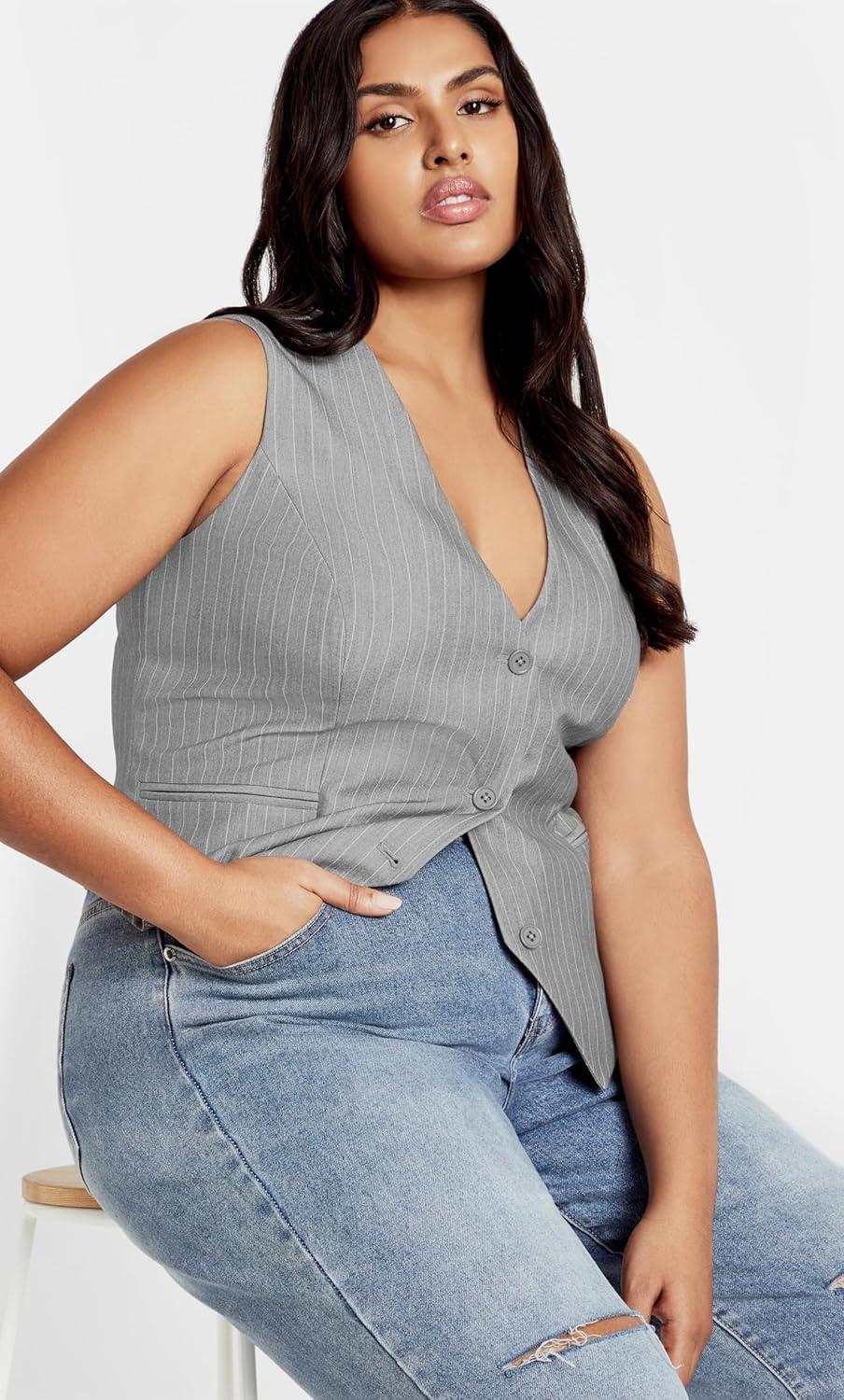 image:imageCity Chic womens Citychic Plus Size Vest Jazmin PinstrpSilver Pinstripe