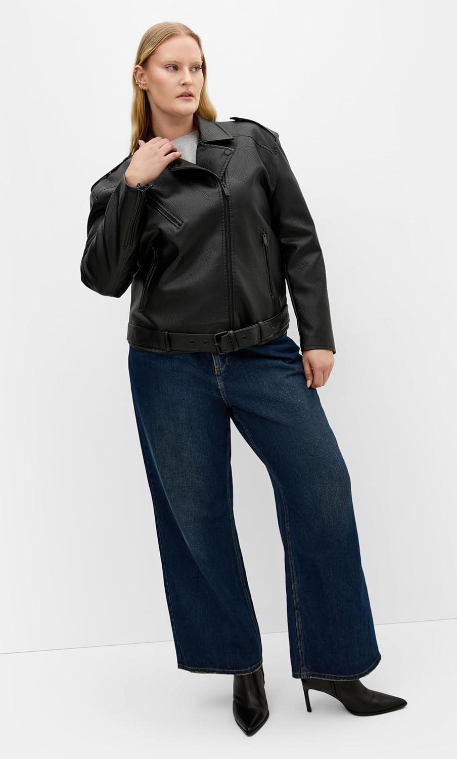 image:imageity Chic Womens Plus Size Jacket Julie Faux Leather BikerBlack