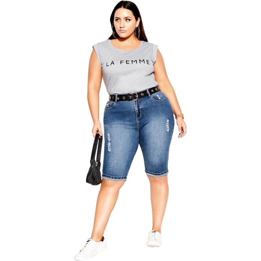 image:imageCity Chic Womens Plus Size Shorts  Knee Length Turn Up DenimMid Denim