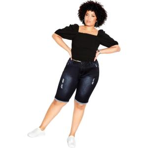 City Chic Women’s Plus Size Shorts – Knee Length Turn Up Denim(Dark Denim)