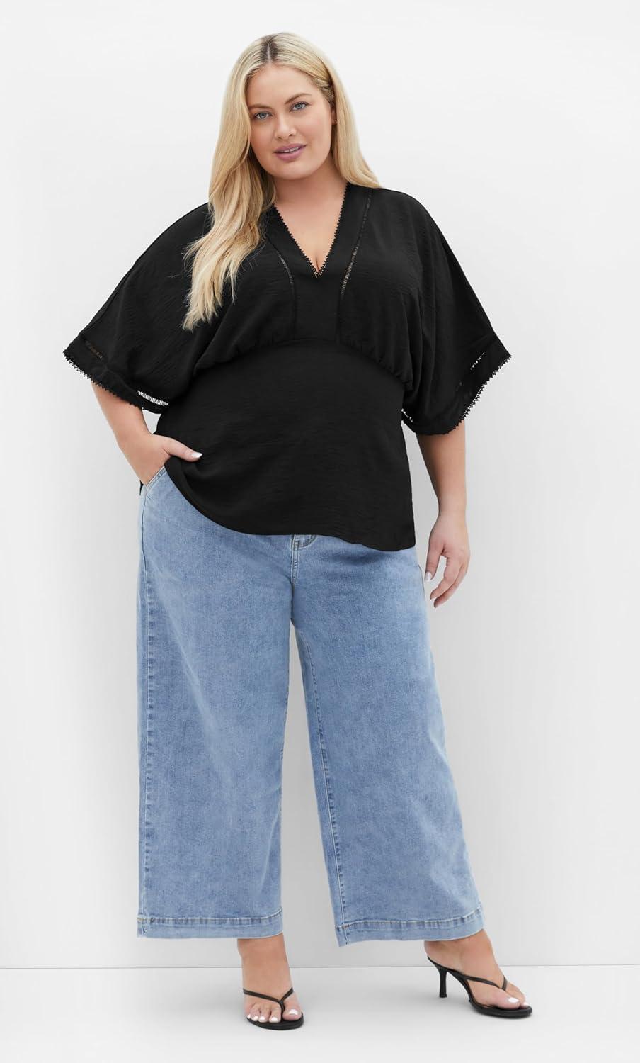 image:imageCity Chic Womens Plus Size Top Island Sun V Neck EmbroideredBlack