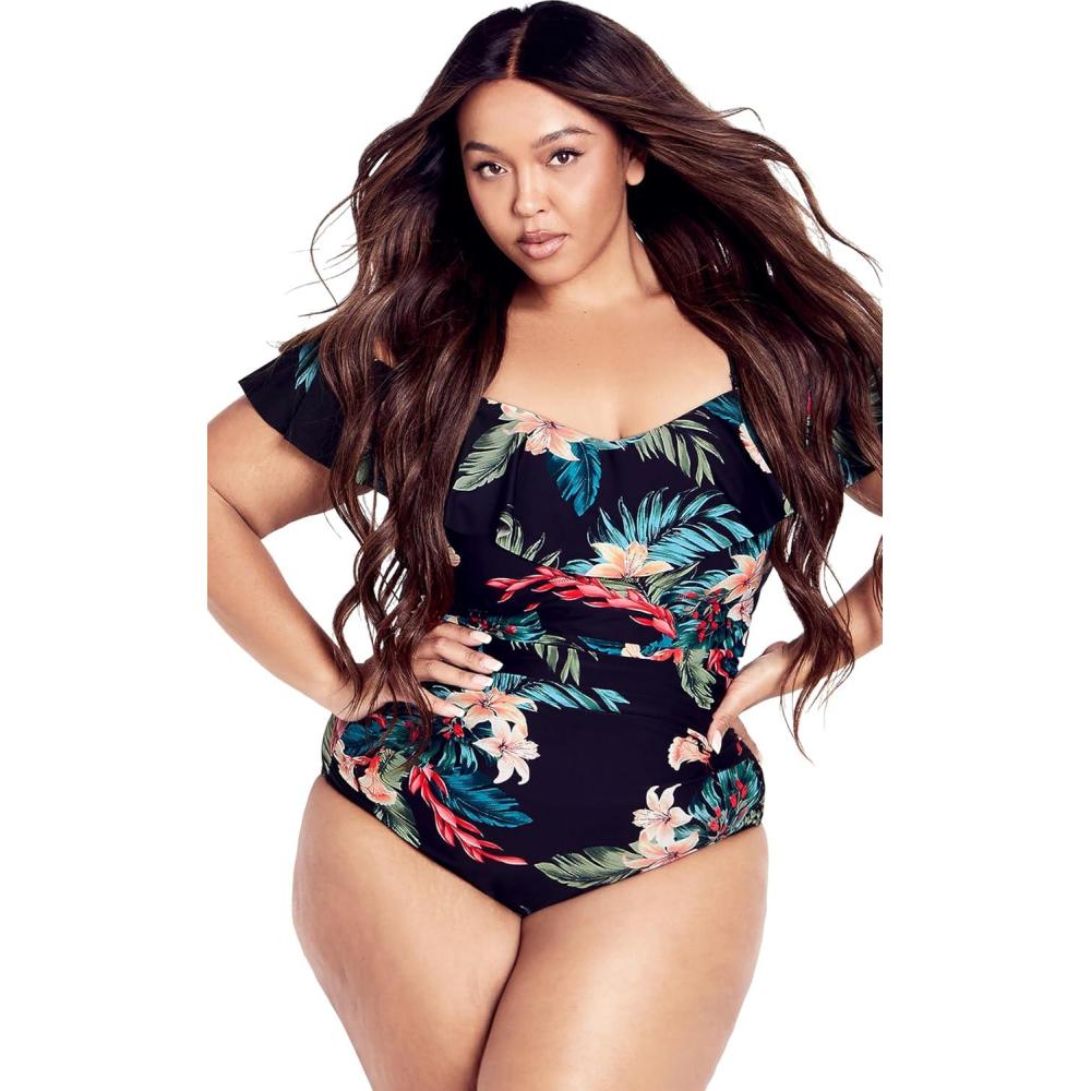 image:imageCity Chic Womens Plus Size Ingrid Ruffle Print 1 PieceBlk Ingrid Print