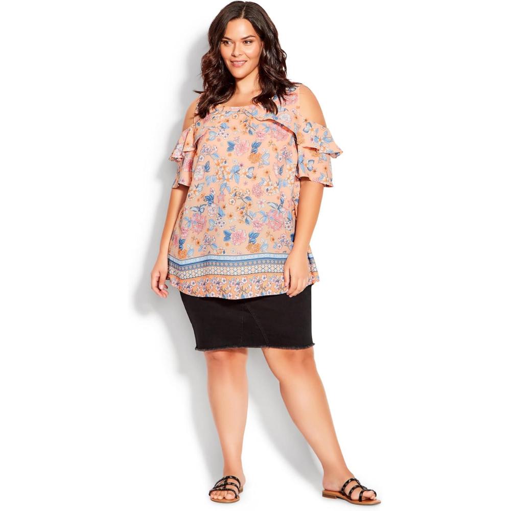 image:imageCity Chic Womens Plus Size Top  Frill Cold ShoulderPeachy Floral Border