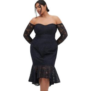 City Chic Plus Size Dress, Lace Athena Dress(Navy)