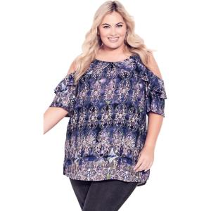 City Chic Women’s Plus Size Top – Frill Cold Shoulder(Moody Moment Border)