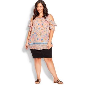 City Chic Women’s Plus Size Top – Frill Cold Shoulder(Peachy Floral Border)