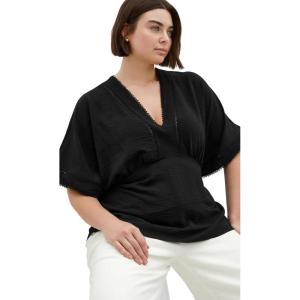 City Chic Women’s Plus Size Top – Island Sun V Neck Embroidered(Black)