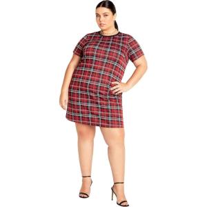 City Chic Plus Size Dress, Check Love Shift Silhouette Mini Dress(Red Check)