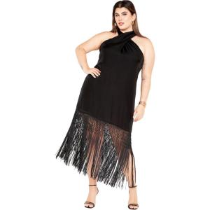 City Chic Women’s Plus Size Calypso Fringe Dress(Black)