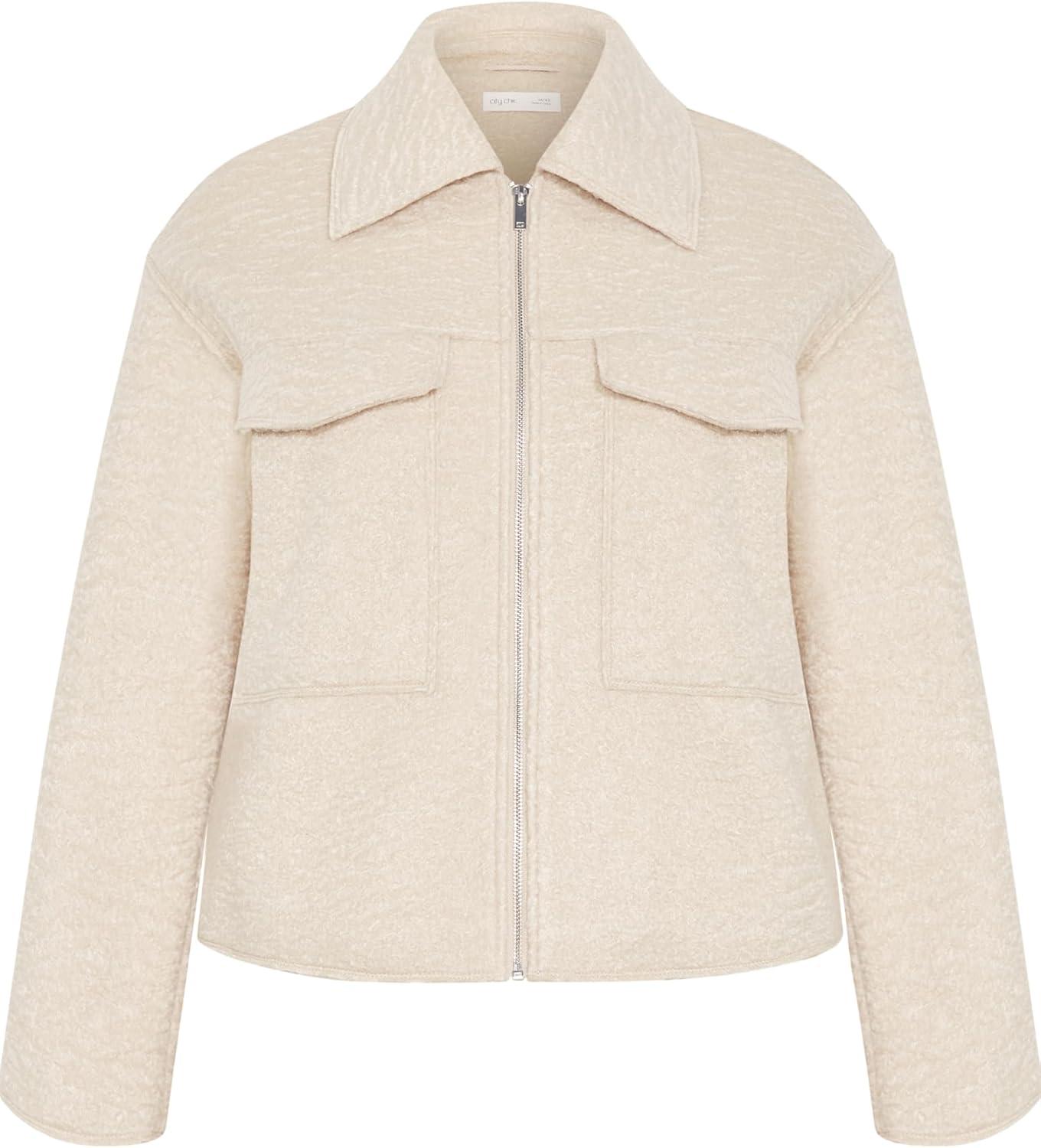 image:imageCity Chic Womens Plus Size Jacket Boucle Zip FrontTaupe