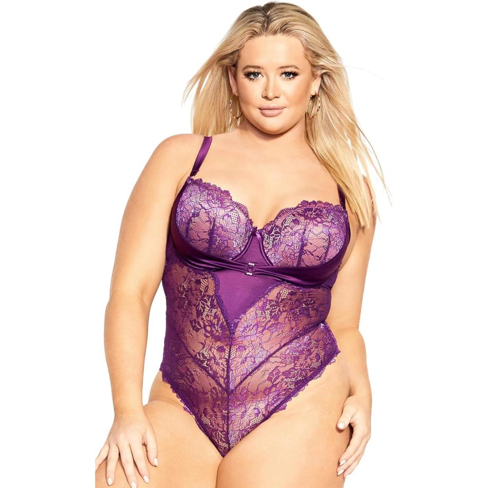 image:imageCity Chic PLUS SIZE RENAY UNDERWIRE LACE IMPERIAL PURPLE BODYSUITImperial Purple