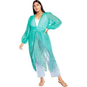 CITY CHIC Plus Size Jacket, Calypso Fringe Jacket(Lagoon)