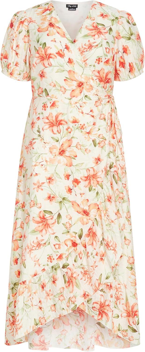 image:imageCity Chic Womens Plus Size Dress Sarina Print Wrap MidiPeachy Fl