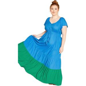 City Chic Blue Regular Size 16/18 US Large V-Neck Short Sleeve Cotton T-Shirt Dress with Colour Pop Design for Women(Ocean)
