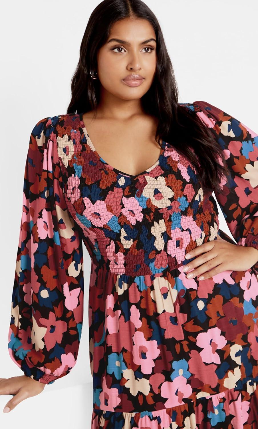 image:imageCity Chic Womens Plus Size Dress Jayden Puff Sleeve Tiered PrintSugar Coated