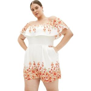 City Chic Women’s Plus Size Playsuit – Poppy Print Off Shoulder(Peach Pop Border)