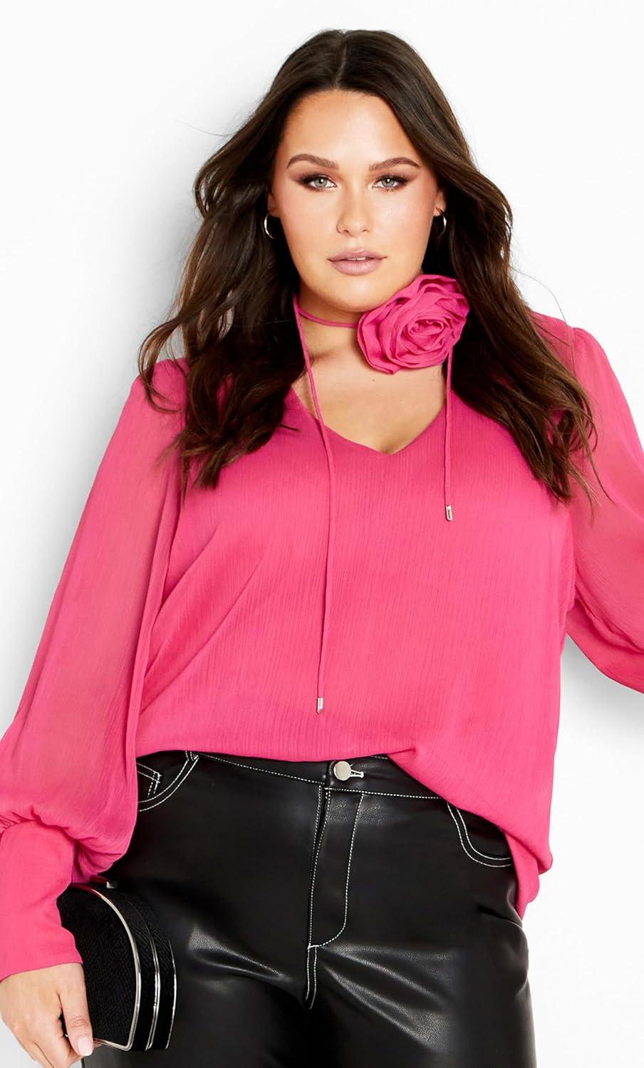 image:imageCity Chic Womens Plus Size Fleur 2 Piece Decorative Flower Neck Tie TopVibrant Pink