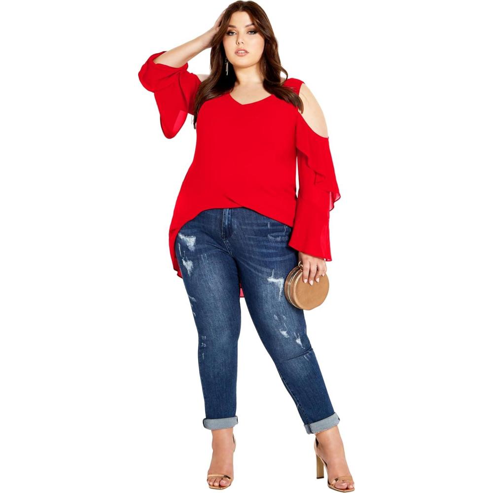 image:imageCity Chic Womens Plus Size Top Hi Lo Cold ShldrLove Red