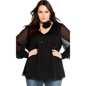 City Chic Women’s Plus Size Fleur 2 Piece Decorative Flower Neck Tie Top(Black)