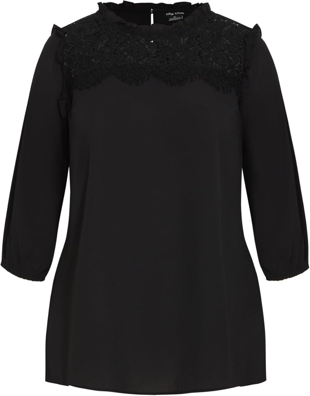 image:imageCity Chic Womens Plus Size Lace Angel Elbow Sleeve TopBlack