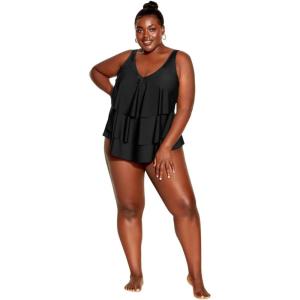 Avenue Women’s Plus Size V Tiered Tankini Top(Black)