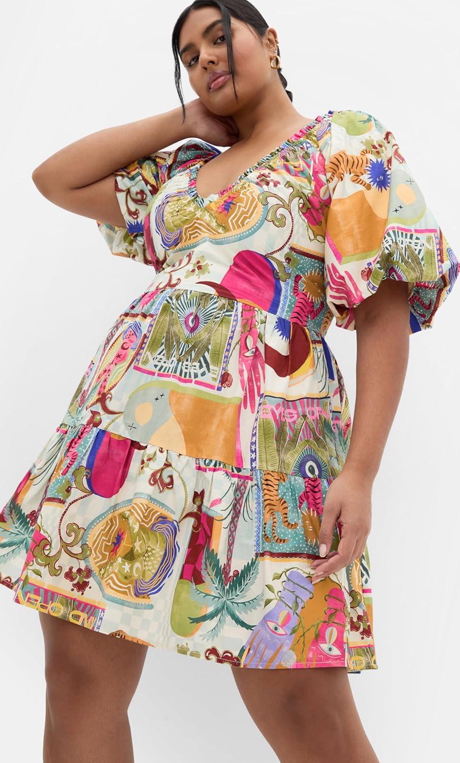image:imageCity Chic Womens Plus Size Dress Simona Print Puff Sleeve MiniDreamscape
