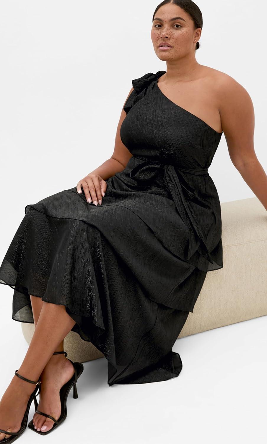 image:imageCity Chic Plus Size Dress Enchant Bouquet One Shoulder MaxiBlackSilver