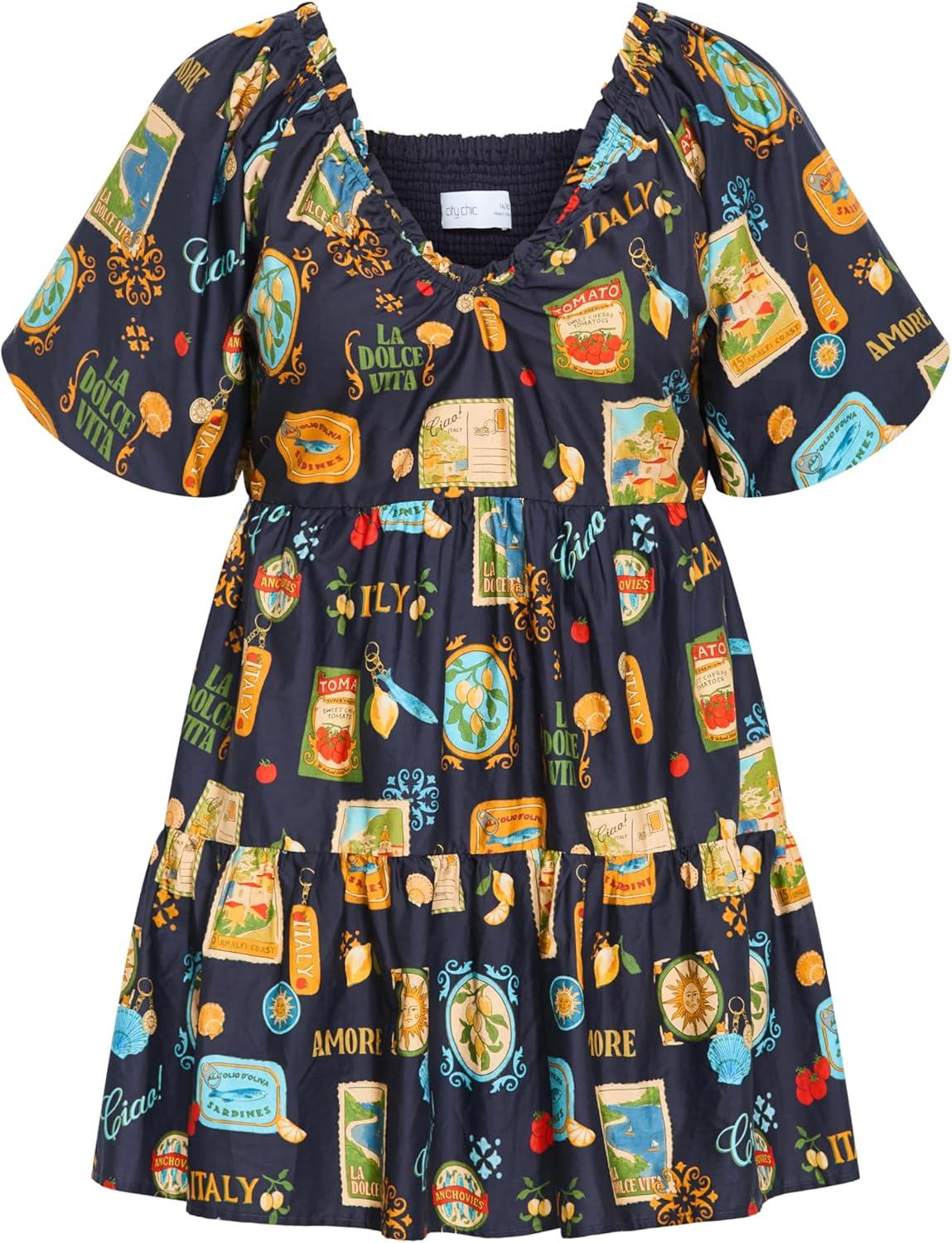 image:imageCity Chic Plus Size Dress Fantasy Amalfi Print Puff Sleeve MiniNavy La Dolce