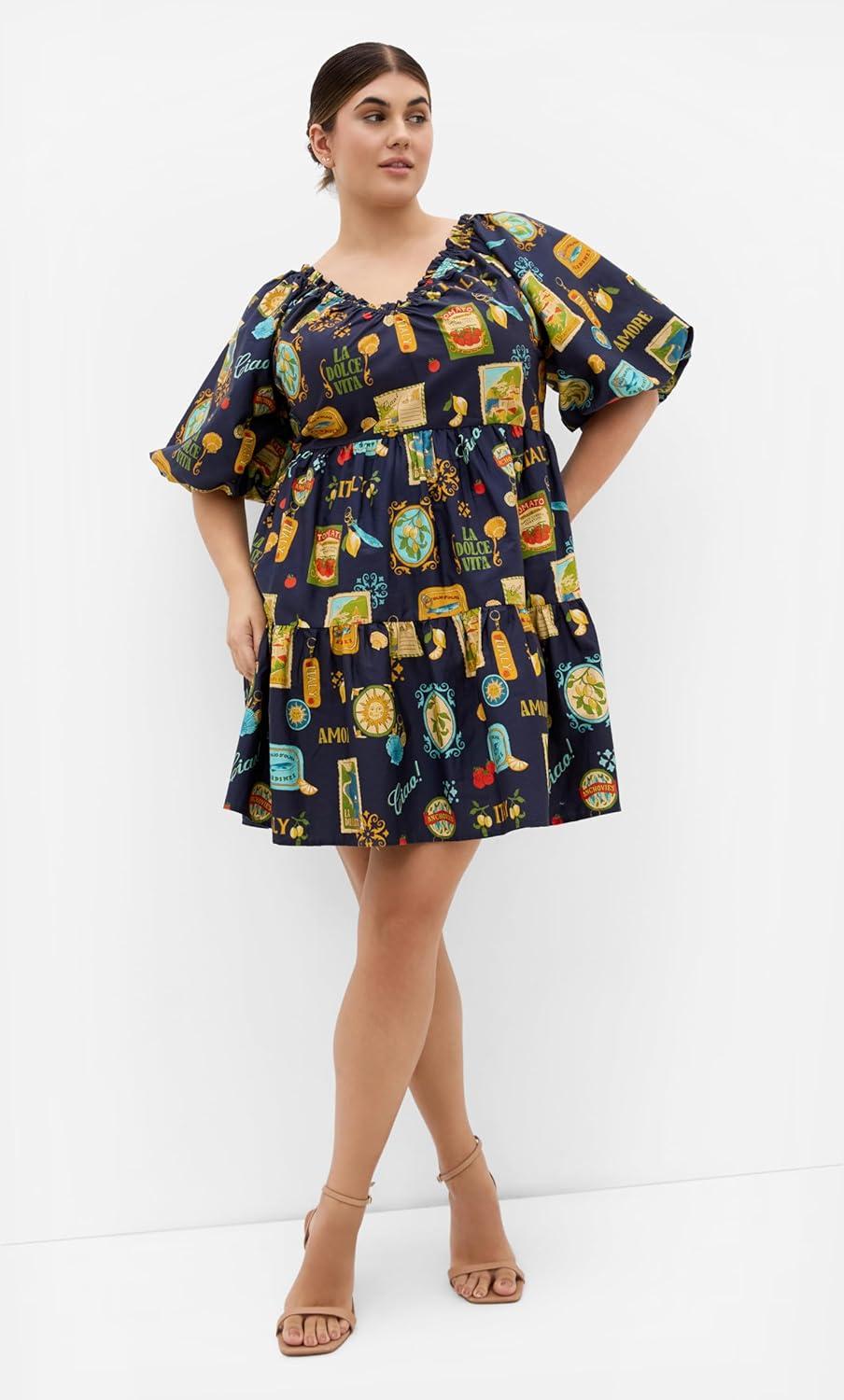 image:imageCity Chic Plus Size Dress Fantasy Amalfi Print Puff Sleeve MiniNavy La Dolce