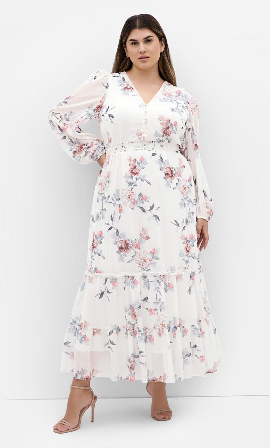 image:imageCity Chic Plus Size Dress Kiki Posie Print MaxiCream