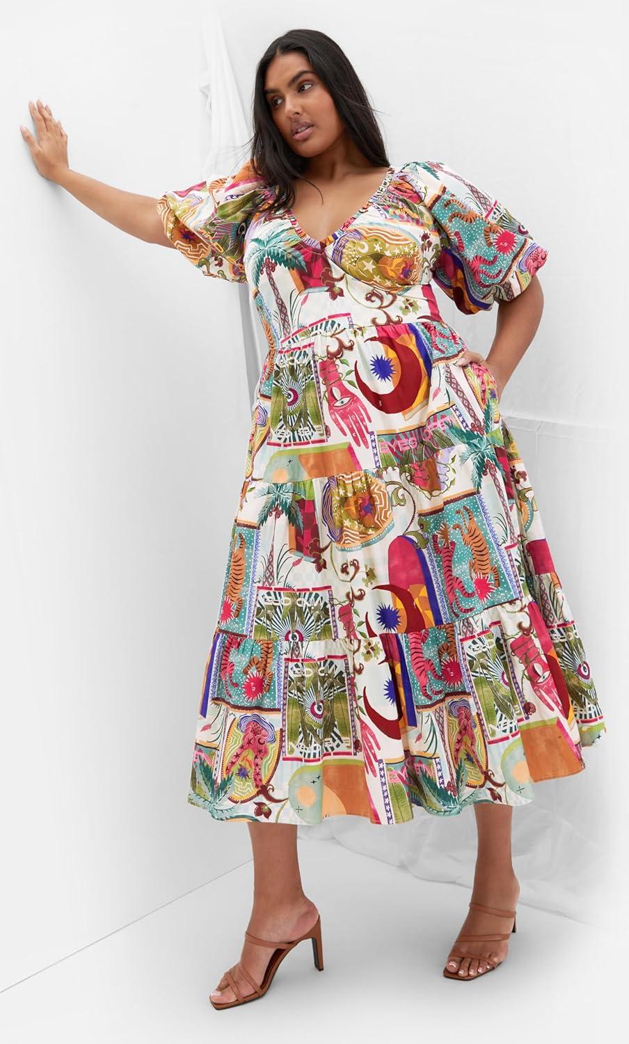 image:imageCity Chic Plus Size Dress Simona Print Puff SleeveDreamscape B