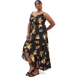 City Chic Plus Size Dress – Aruba Frill Print Maxi(Black Print)