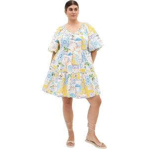 City Chic Plus Size Dress – Fantasy Amalfi Print Puff Sleeve Mini(Amalfi Coast Bdr)