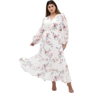 City Chic Plus Size Dress – Kiki Posie Print Maxi(Cream)