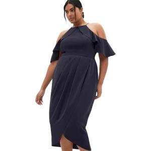 City Chic Plus Size Dress – Love Siren Ruffle Shoulder(Navy)