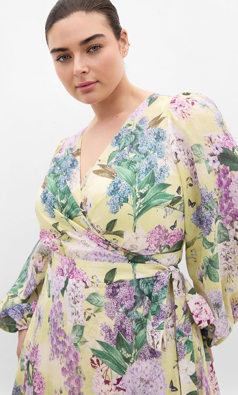 image:imageCity Chic Plus Size Dress Anastasia Hydrangea Print Wrap MaxiLemon Hydrandra