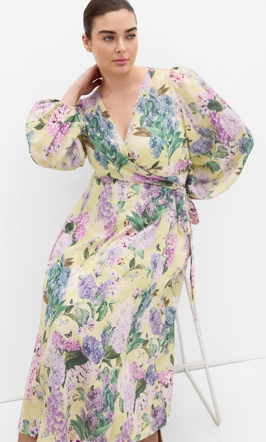 image:imageCity Chic Plus Size Dress Anastasia Hydrangea Print Wrap MaxiLemon Hydrandra