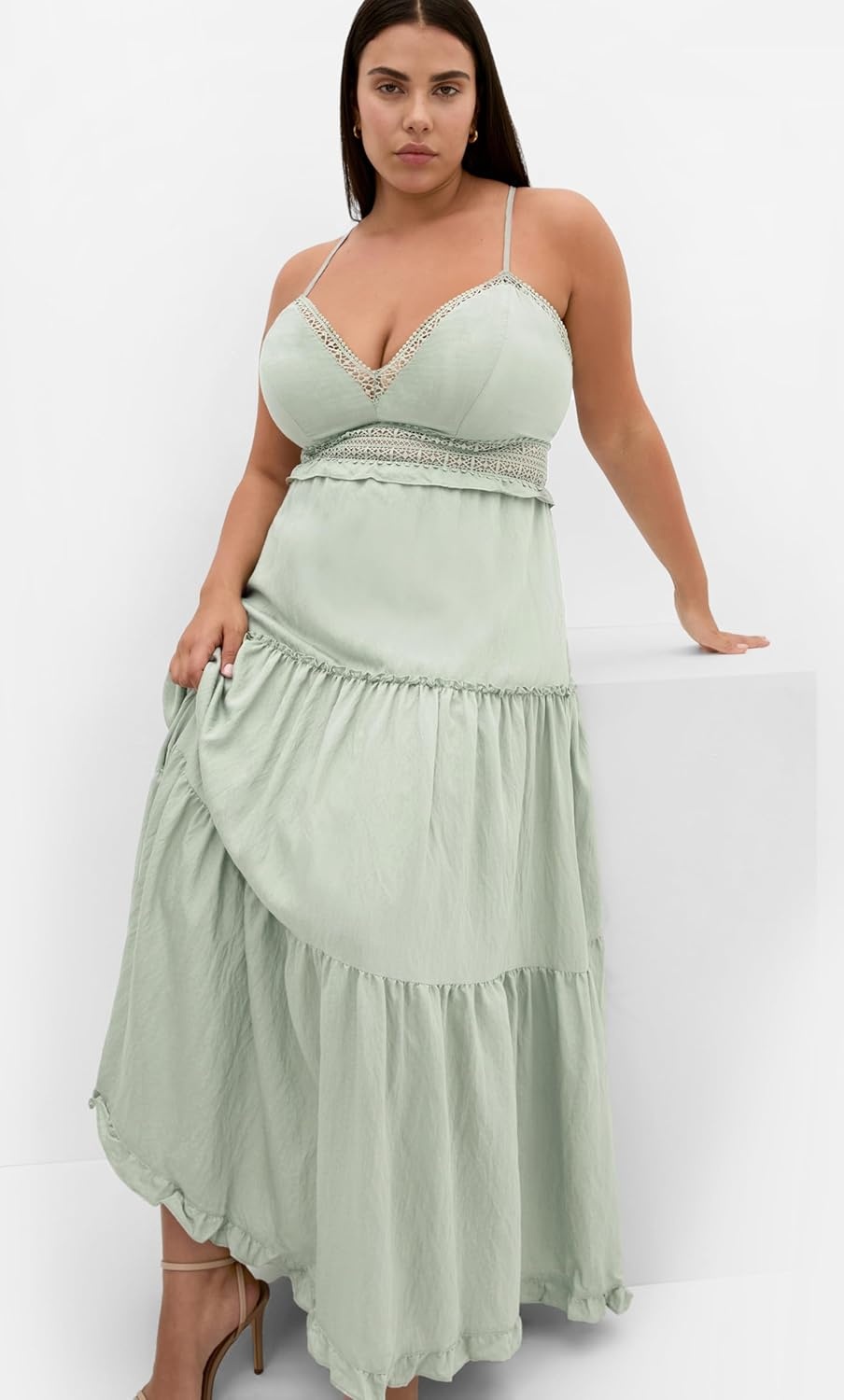 image:imageCity Chic Plus Size Dress Aura Crochet Tier MaxiLight Khaki