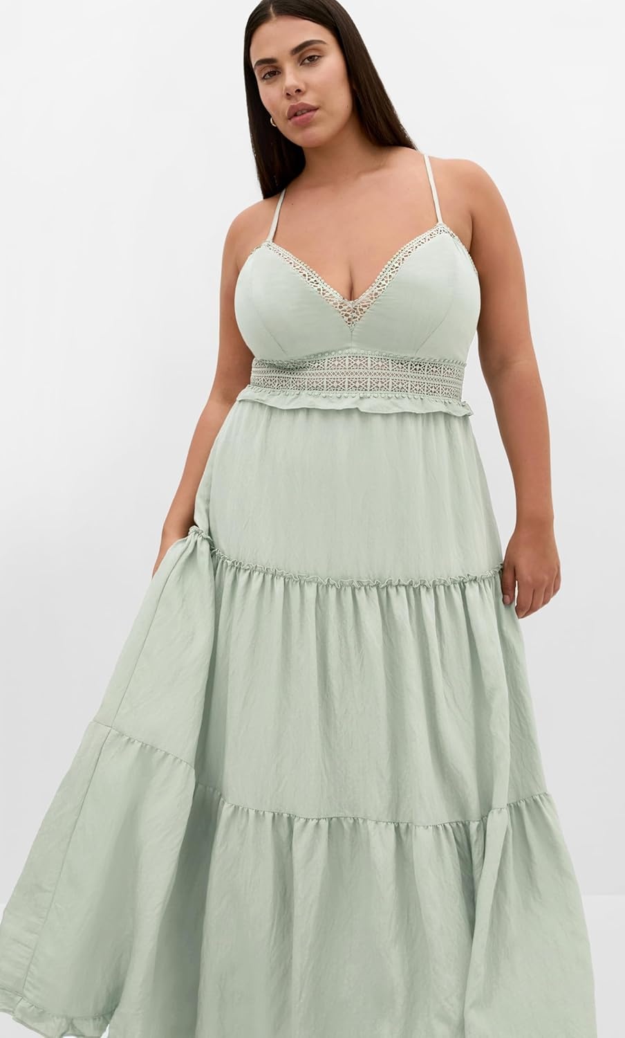 image:imageCity Chic Plus Size Dress Aura Crochet Tier MaxiLight Khaki