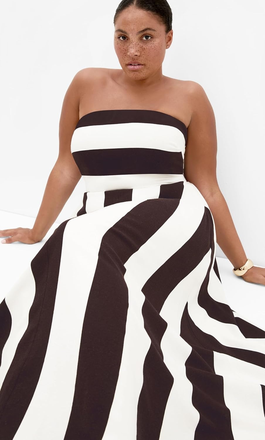 image:imageCity Chic Plus Size Dress Simone Strapless Stripe MaxiChocolateIvory