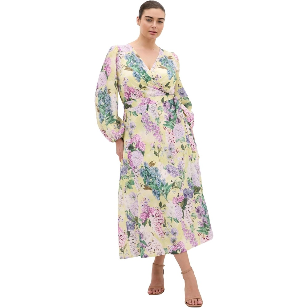 image:imageCity Chic Plus Size Dress Anastasia Hydrangea Print Wrap MaxiLemon Hydrandra