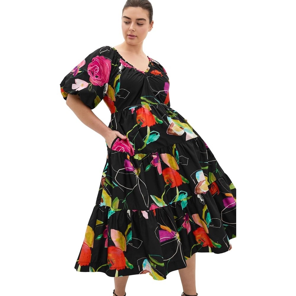 image:imageCity Chic Plus Size Dress Fantasy Print Puff Sleeve MidiFloral Sketch