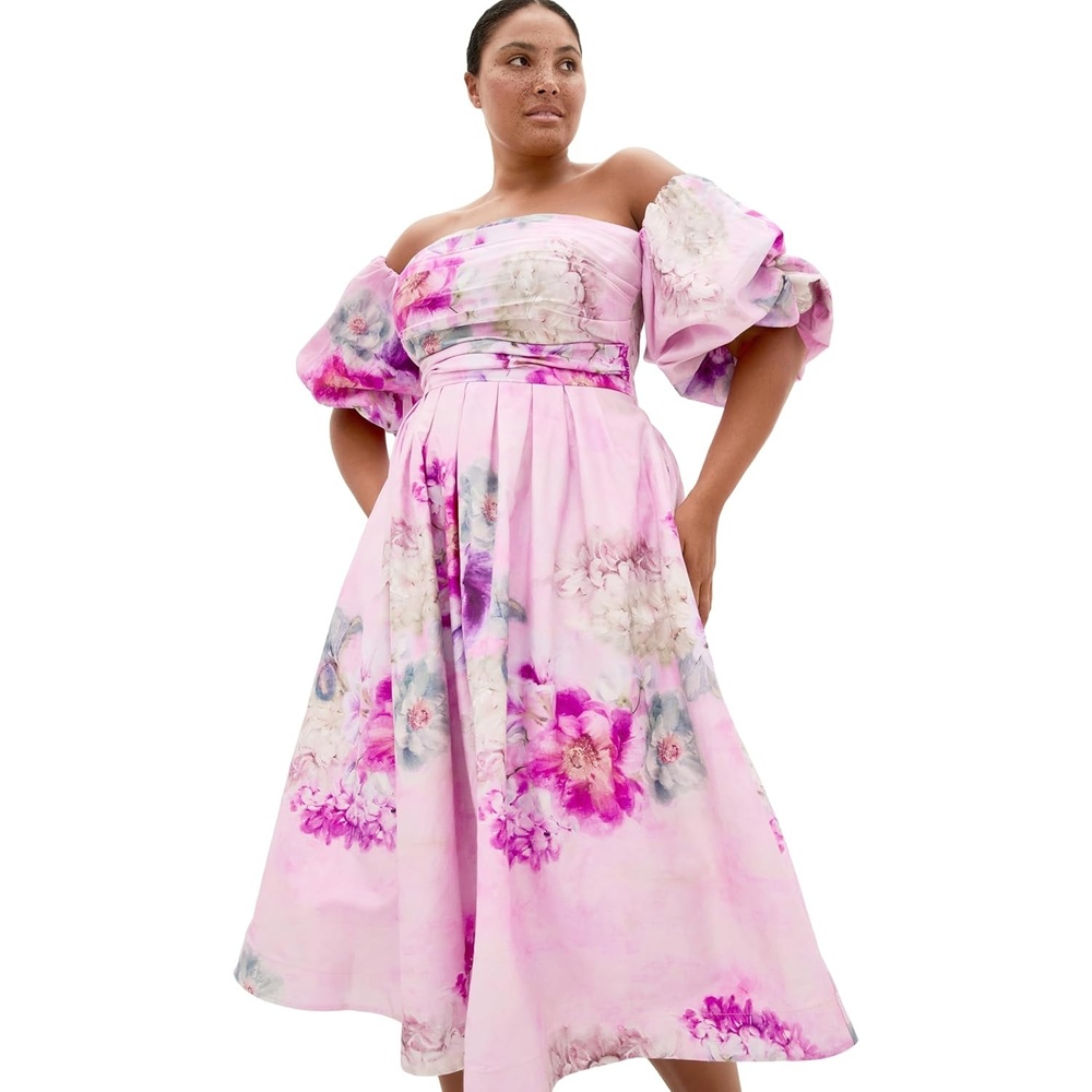 image:imageCity Chic Plus Size Dress  Rosalee Garden Print Puff Sleeve MidiGilded Garden