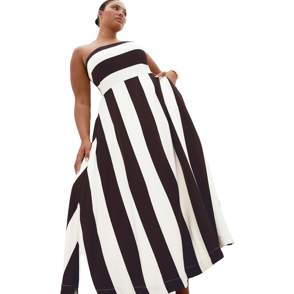image:imageCity Chic Plus Size Dress Simone Strapless Stripe MaxiChocolateIvory